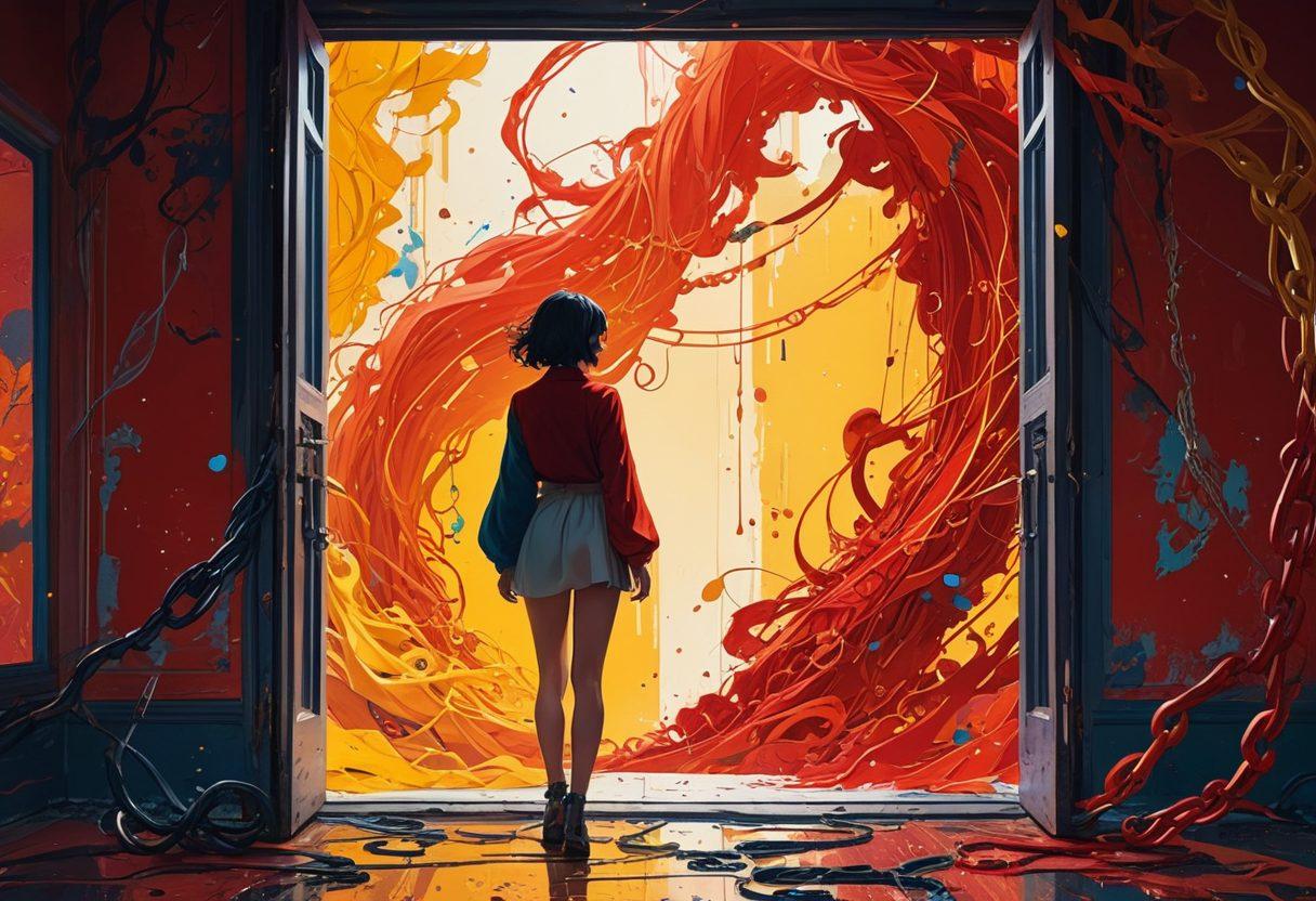 A visually striking collage showcasing a blend of vibrant adult anime characters engaging in artistic, sensual poses, set against a backdrop of abstract shapes and boundaries dissolving. Include elements symbolizing freedom, creativity, and challenge to norms, like broken chains and open doors. The color palette should be bold and expressive, emphasizing the dynamic nature of adult anime as an art form. super-realistic. vibrant colors. abstract background.